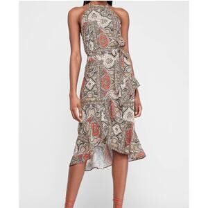 Express Paisley Dress Halter Middy Lined Fit and Flare Ruffle Women's L